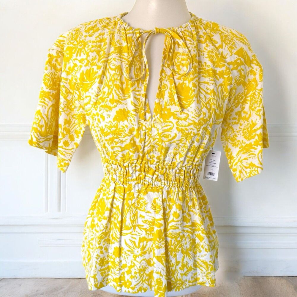 Joie NWT Yellow Floral Linen Shirt Peekaboo Cutout Back 100% Linen XS Top Blouse
